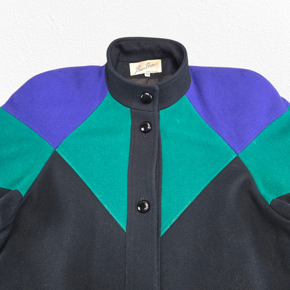 Vintage 80s Colorblock Wool Coat Blue Green Black Beau Brem Overcoat Size 16 - Picture 4 of 12